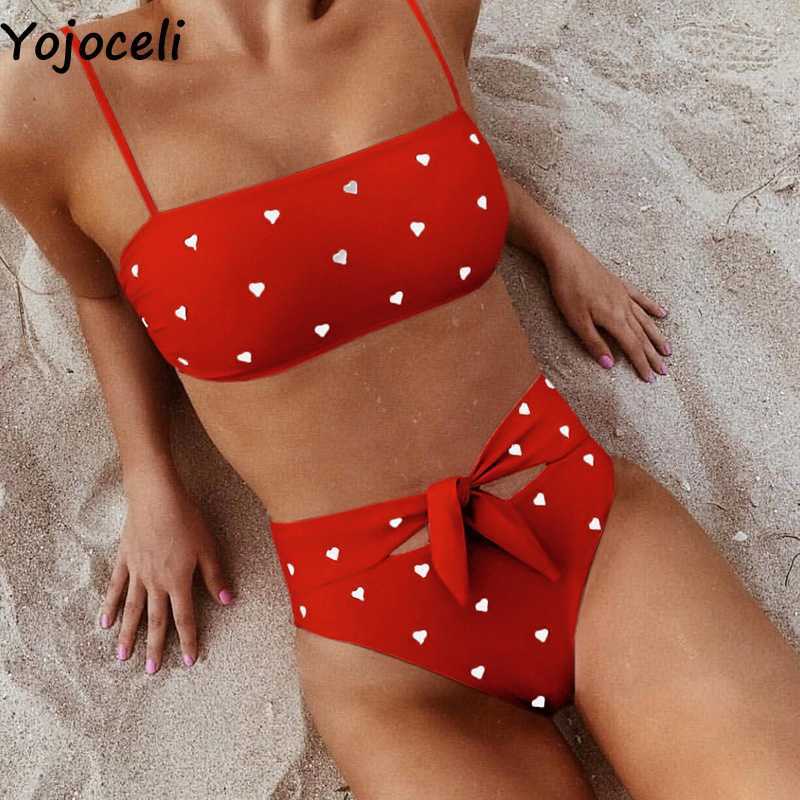 Yojoceli Elegant heart print bow swimming suit for women Summer beach cool swimwear girl Sexy strap 2 pieces tankini 210609