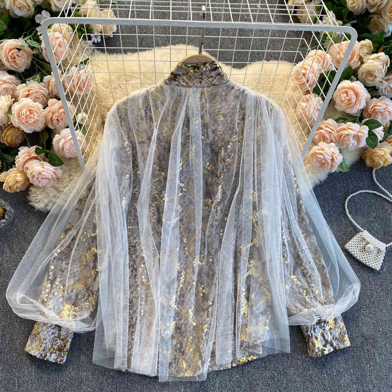 Nomikuma Snake Skin Printed Blouse Tops Korean Bow Tie Collar Lanter Sleeve Shirt New Spring Mesh Patchwork Blusas Mujer 6E073 210427