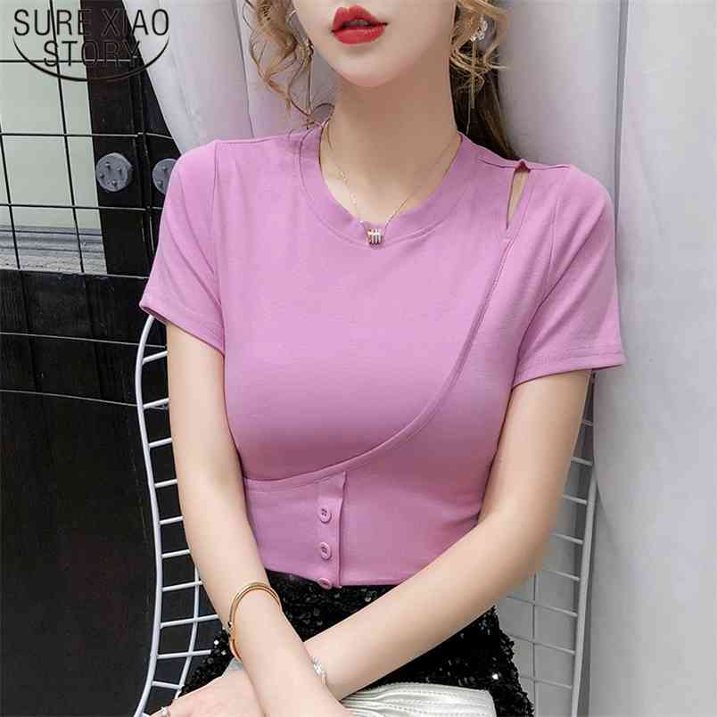 Korean Style T-shirt Women Summer Cotton Short Sleeve T Shirt Tops Tshirt Clothes Solid Slim 9553 210506