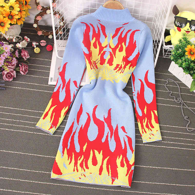Spring Summer Knitted Long Sleeve Dress Harajuku Flame Print Zipper Stand Collar Ladies Casual Stretch Dresses 210519