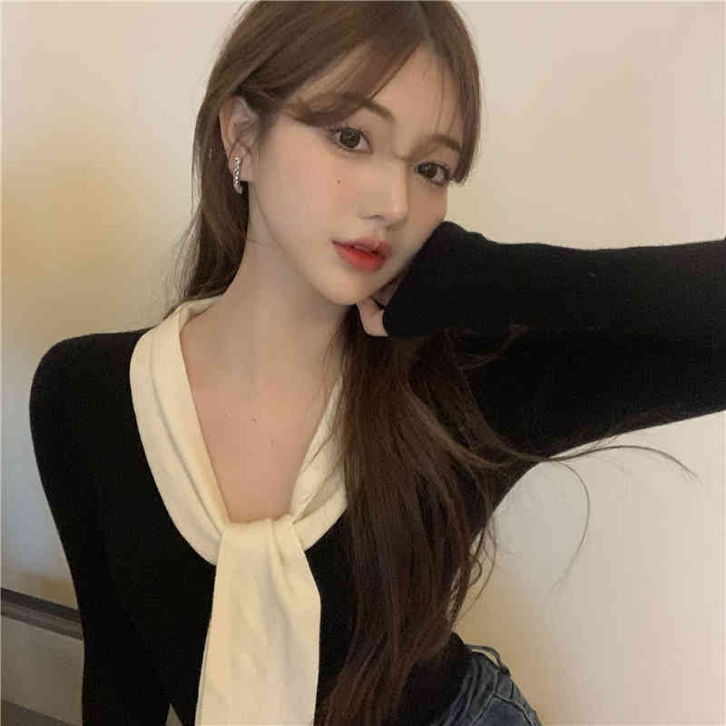 2 colors autumn korean style women slim tops tie collar solid color long Sleeve t-shirt Womens Tees shirt femme (R99440) 210508