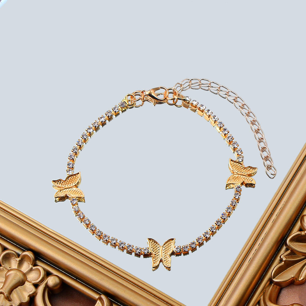 Trendy Shining Cute Butterfly Crystal Tennis Anklet For Women Gold Silver Color Boho Sandals Rhinestone Foot Ankle Chain Jew