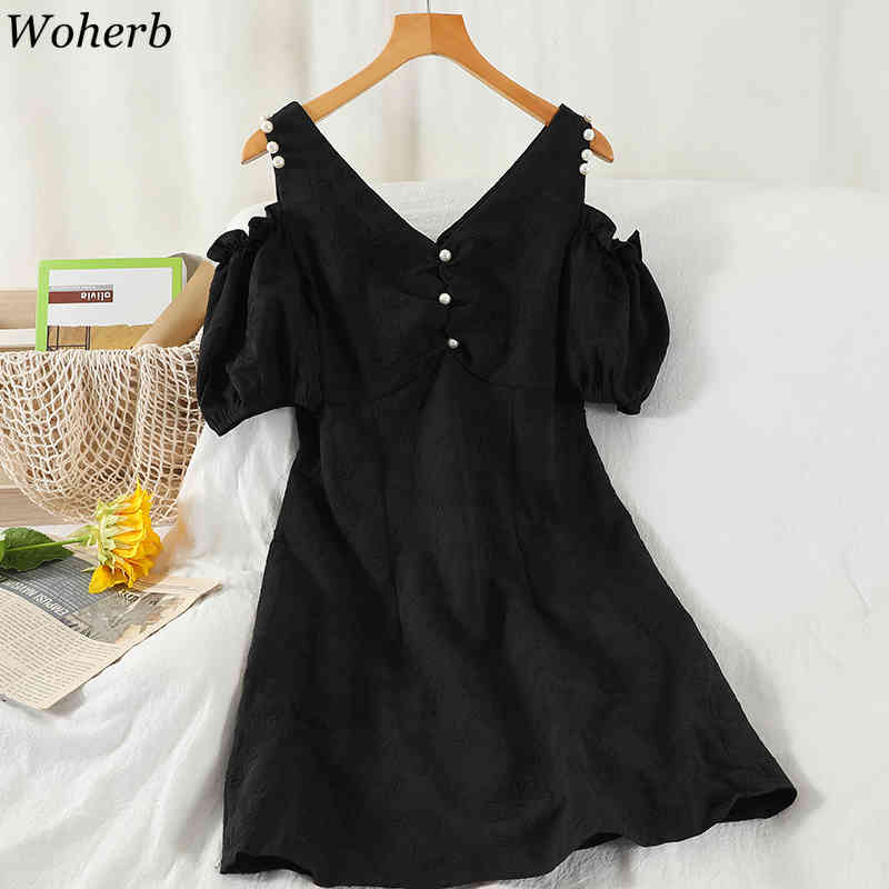 Women White V Neck Dress Sexy Beading Off Shoulder Puff Sleeve Vestidos Temperament A Line Robe Slim Fit Mini Dresses 210519