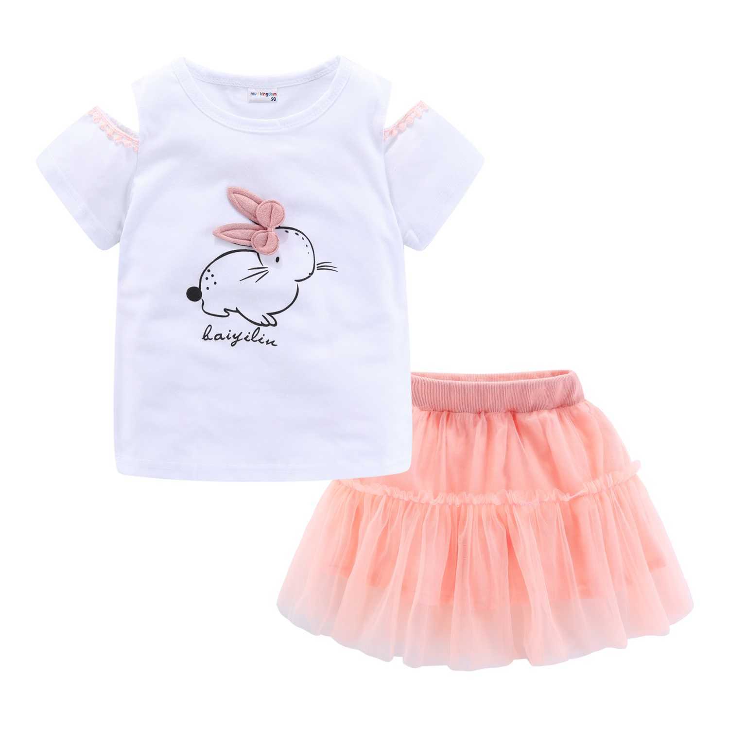 Mudkingdom Little Girls Tulle Skirt Set Cute Bunny Prints Summer Outfits for Cartoon Print Rabbit Kids Clothes 210615
