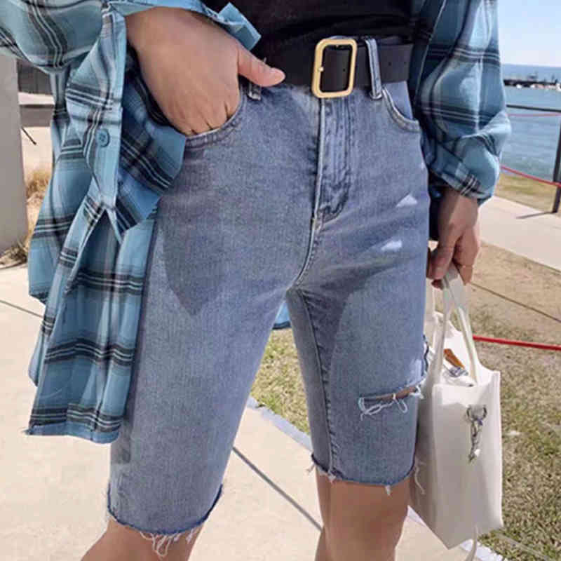Summer Blue Denim Shorts Streetwear Elastic Jeans Women Ripped for Skinny Lady Knee Length Pants Spodenki 10420 210508