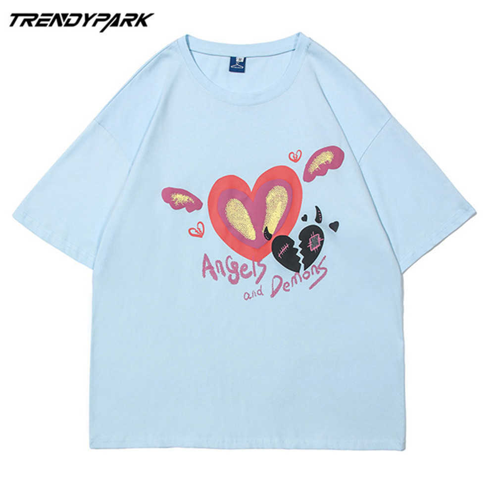 Men's Tshirt Summer Short Sleeve Cute Flying Heart Printed Hip Hop Oversized Cotton Casual Harajuku Streetwear Top Tshirts 210601