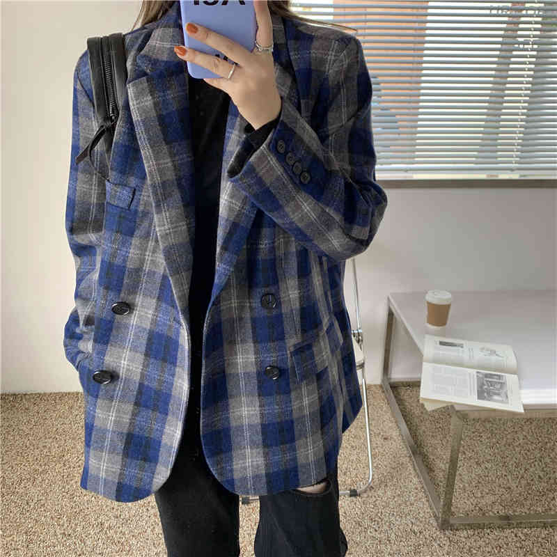 OL Notched Vintage Elegant Casual Plaid Woolen Blazer Jacket Autumn Winter Tops Women Blazers Loose Suit Coat Female 210421
