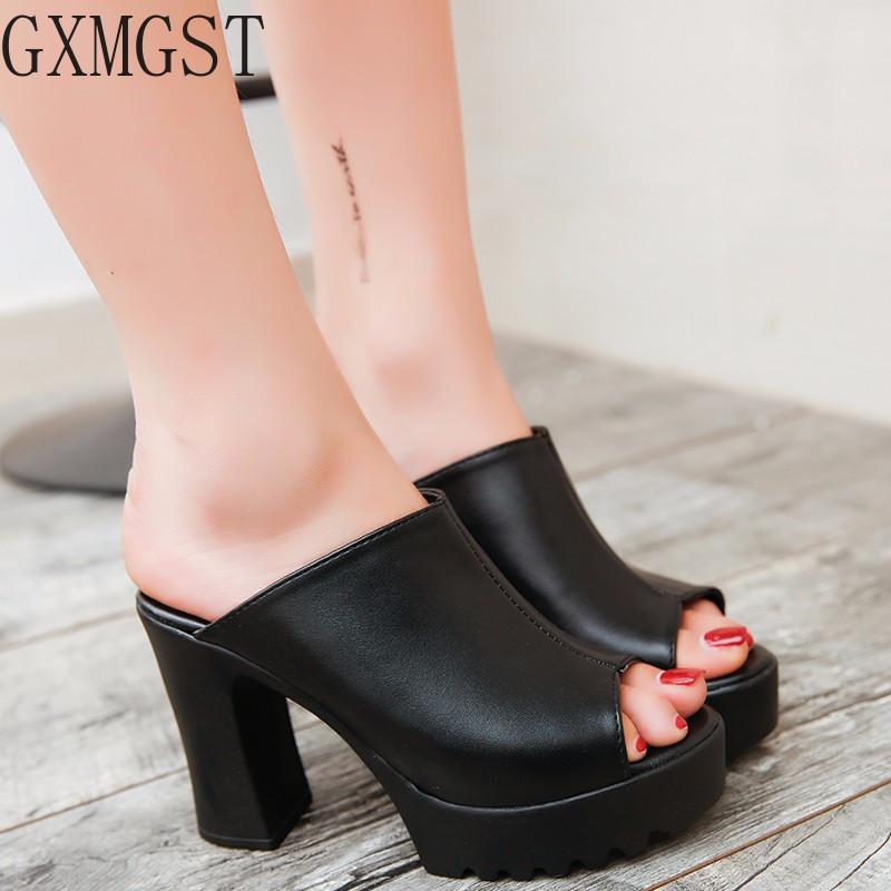 Sandals 2021Women Sexy High Heel Mules Black Peep Toe Platform Ladies Leather Sole Slippers Femal Slip On Shoes