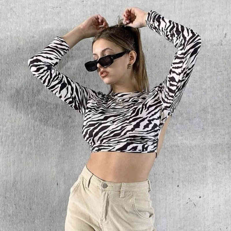 Y2K Girls Backless Blouses Summer Fashion Ladies Zebra Stripe Tops Vintage Women Streetwear Short Blouse Female Chic 210430