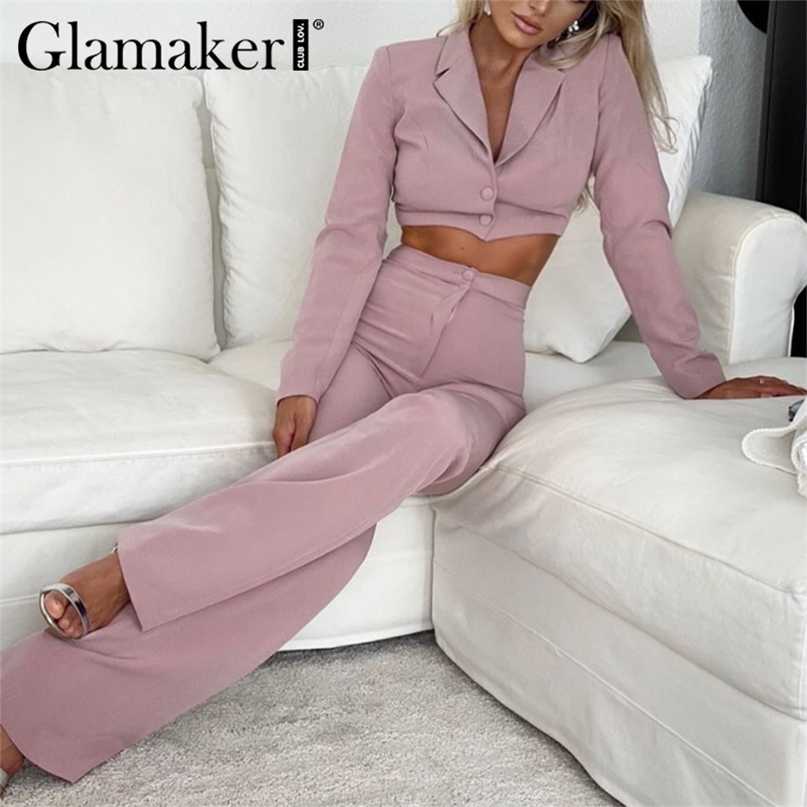 Glamaker Pink purple 2 piece suit sets Women sexy short blazer and flared pants Office lady set autumn female outfits 211105