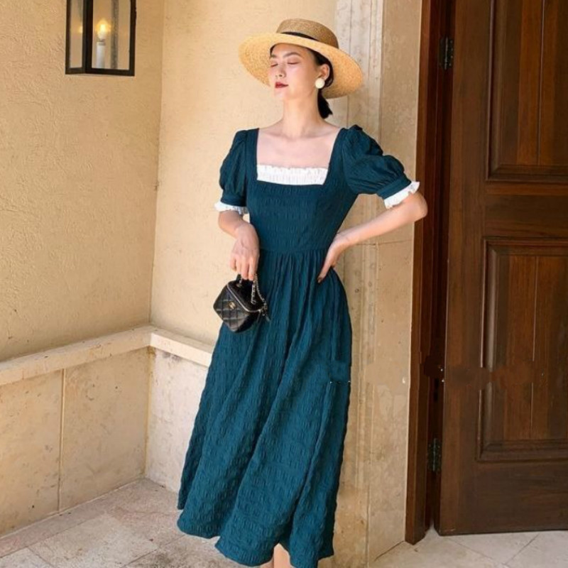 French Retro Long Fairy Dress Women Blue Square Collar Female Puff Sleeve Elegant Dress Summer Ladies Wedding Party Clothes 210331Z