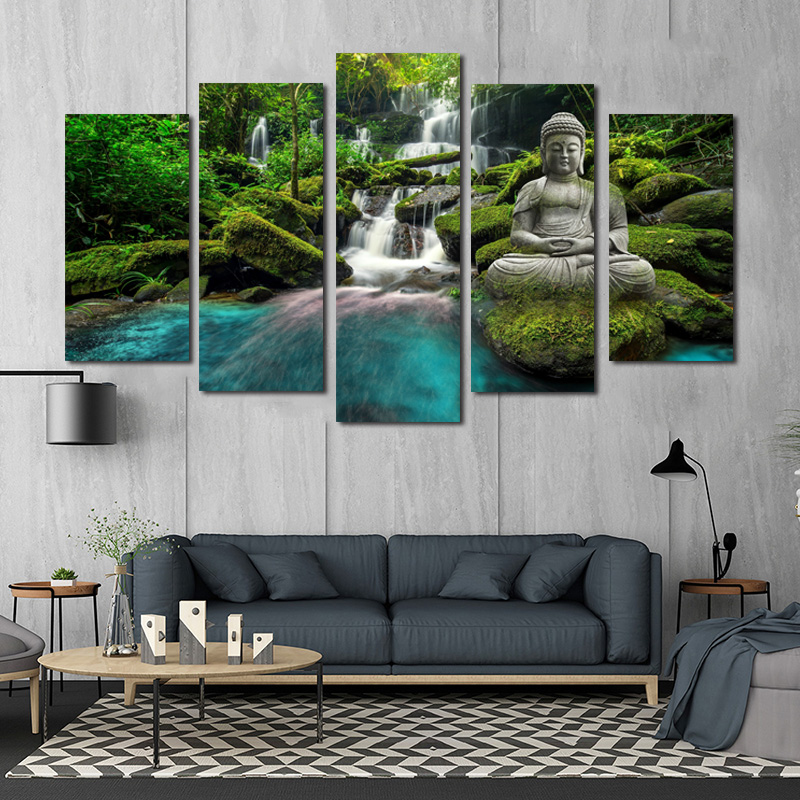 5 Panels Waterfall Buddha Posters And Prints Canvas Painting Big Size Wall Art Pictures For Living Room Landscape Home Decor