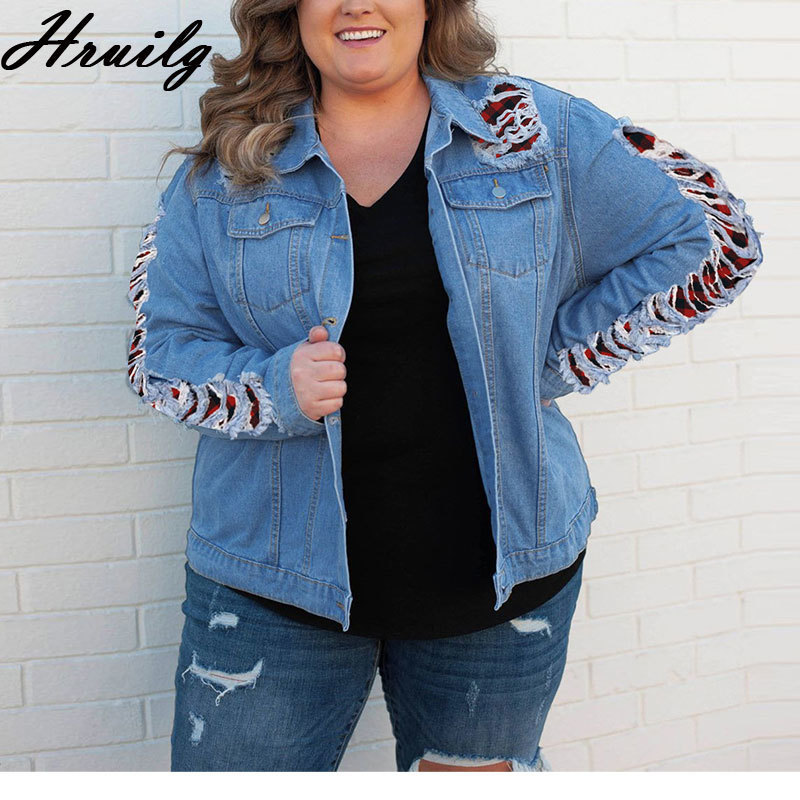 Jacket Women Fashion Hole Plus Size Patchwork Jean for Button Casual Loose Cazadora Vaquera Mujer 210515