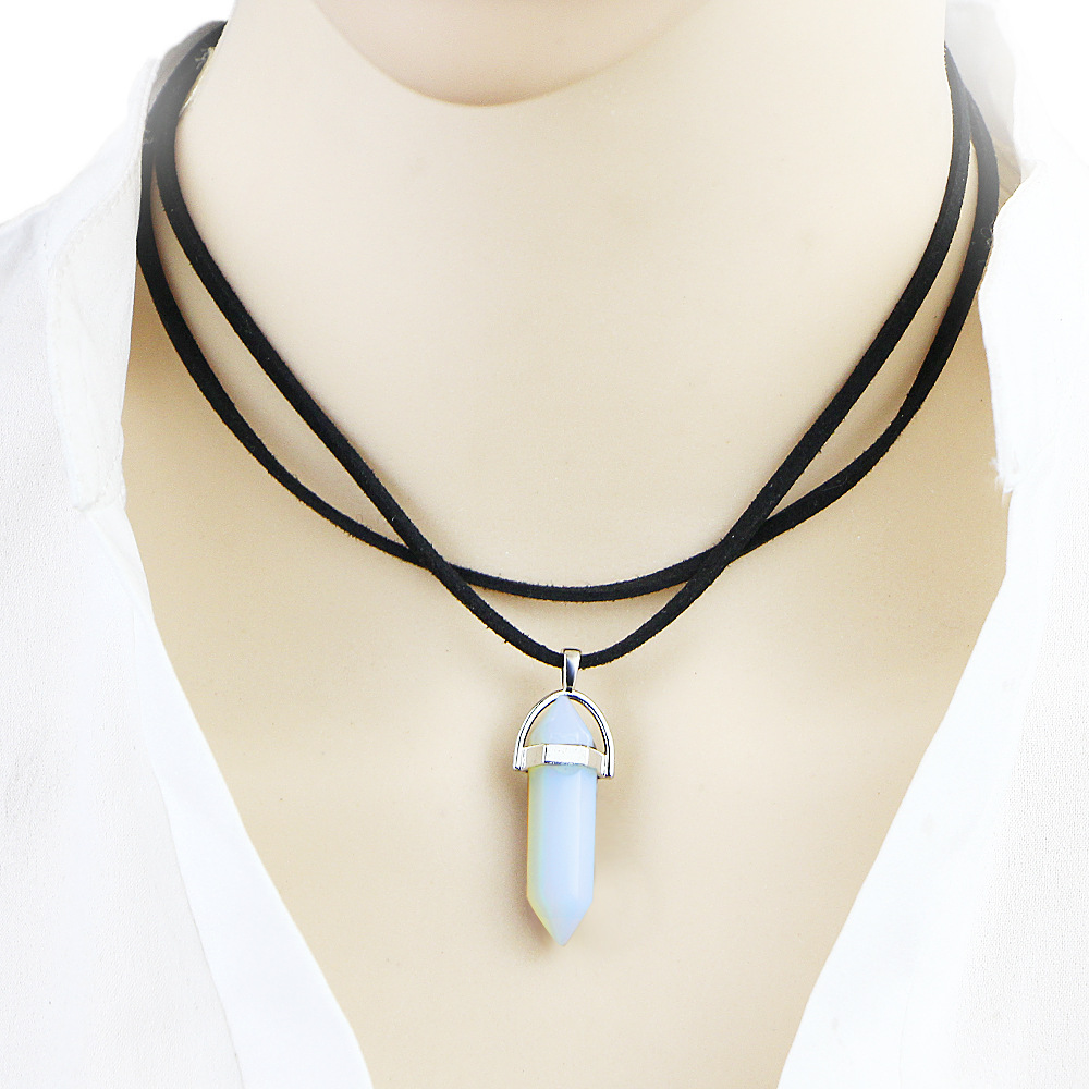 Natural Crystal Chakra Pendulum Pendant Necklaces For Women Rose Quartz opal Hexagonal Stone Leather Choker Chain Statement Necklace