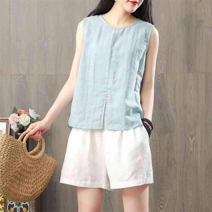 Summer Arts Style Women Solid Sleeveless Tank Top Loose Cotton Linen Femme Allmatched Casual Basic Tops S985 210512