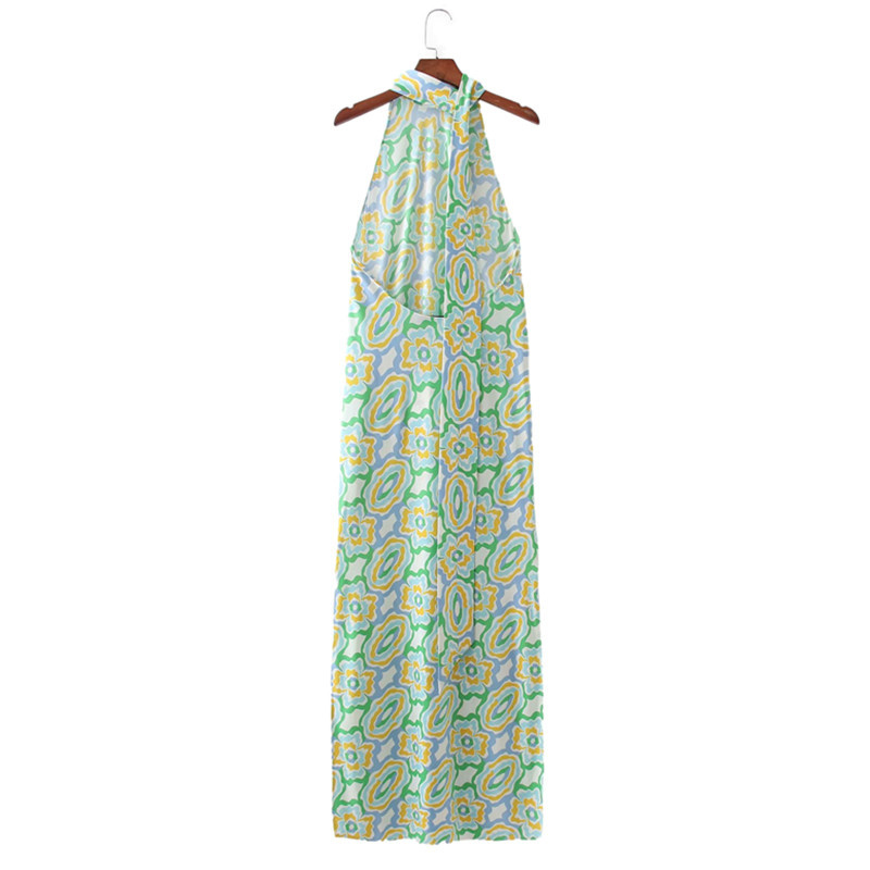 Casual Woman Green Halter Print Long Dress Summer Fashion Ladies Backless Beach es Female Sleeveless Midi 210515