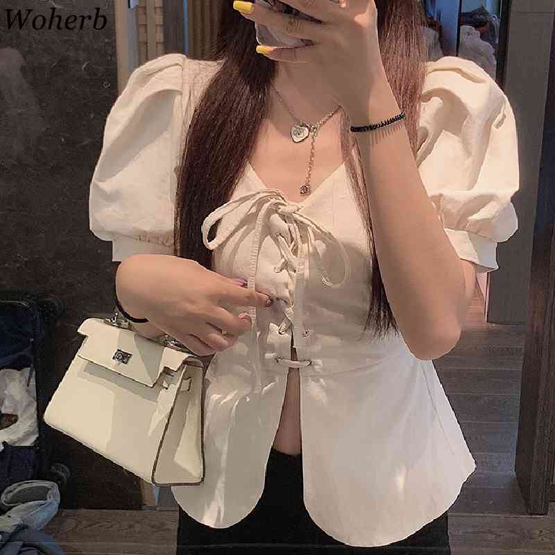 White Shirt Female Summer V Neck Slim Puff Short Sleeve Blouses Korean Temperament Single Breasted Lace-up Fashion Tops 210519