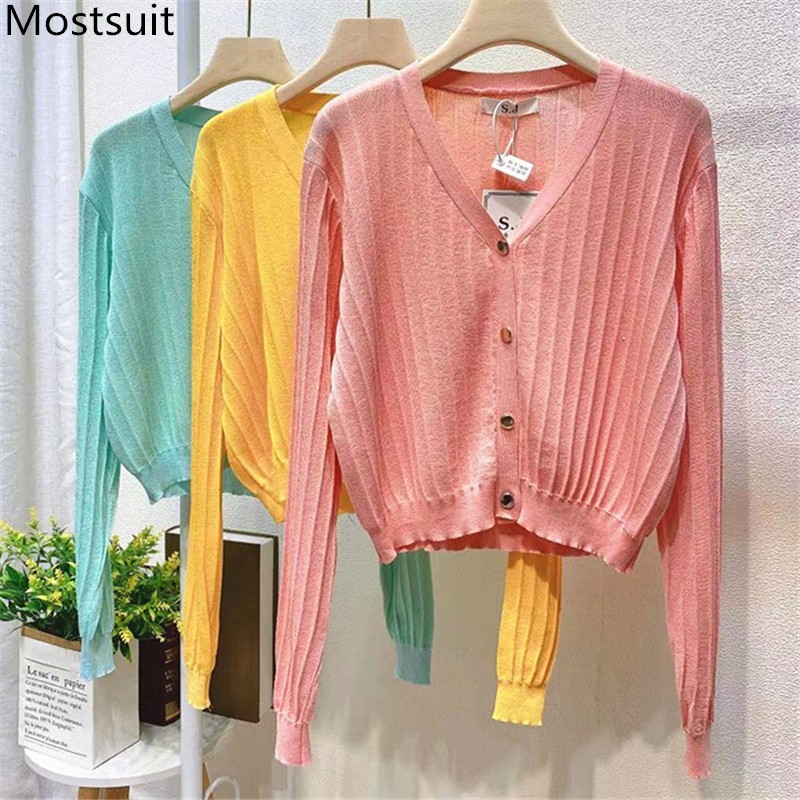 Soft Thin Knitted Cardigan Women Single Breasted V-neck Short Sweater Korean Fashion Solid Loose Female Jumpers Tops Femme 210514