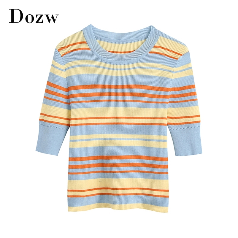 Fashion Multicolor Striped Knitted T Shirt Women Casual O Neck Bodycon Tops Ladies Short Sleeve Summer Tunic Tshirts 210515