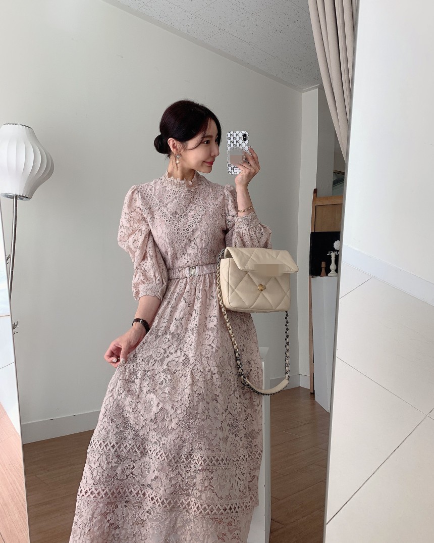 Women Vintage Spring Sweet Hollow Out Lace Long Dress Elegant Ladies Puff Sleeve Female Sexy Slim Sashes Party Dresses Vestidos 210519