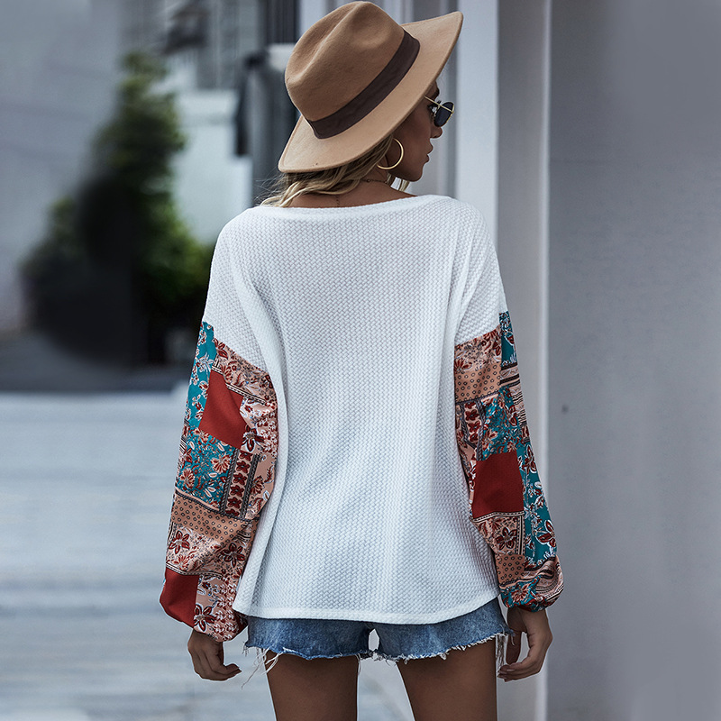 Autumn Winter Elegant Waffle Top Women New Casual O-neck Bohemian Print Batwing Sleeve T Shirt Top 210413