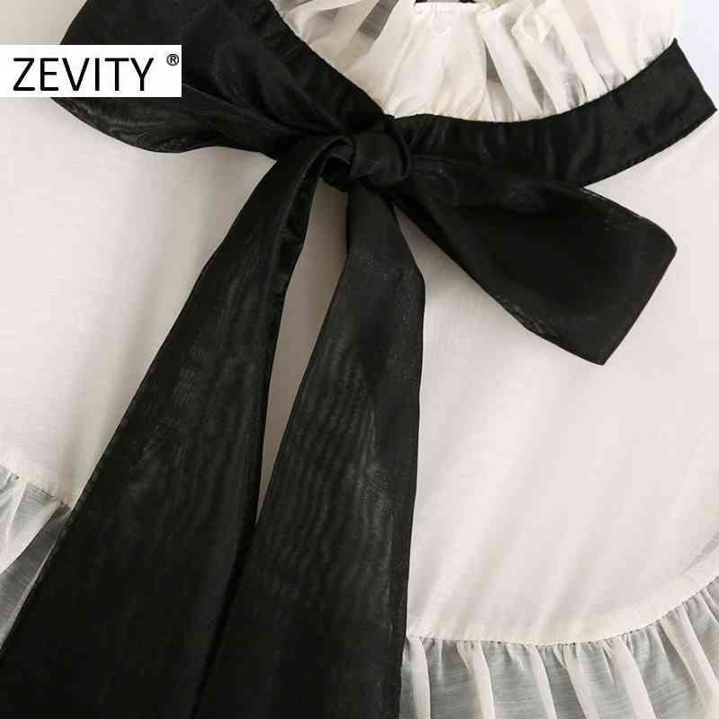 ZEVITY women elegant bow tied chiffon patchwork knitting ruffles shirtdress Office lady casual vestidos chic mini dresses DS4528 210419