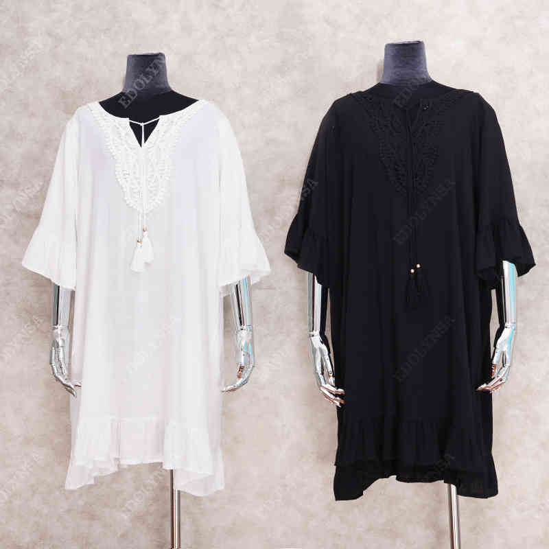 Sexy Bikini Cover-ups White Cotton Tunic Casual V-neck Tassel Summer Beach Dress Plus Size Women Swimsuit Cover Up Q1080 210420