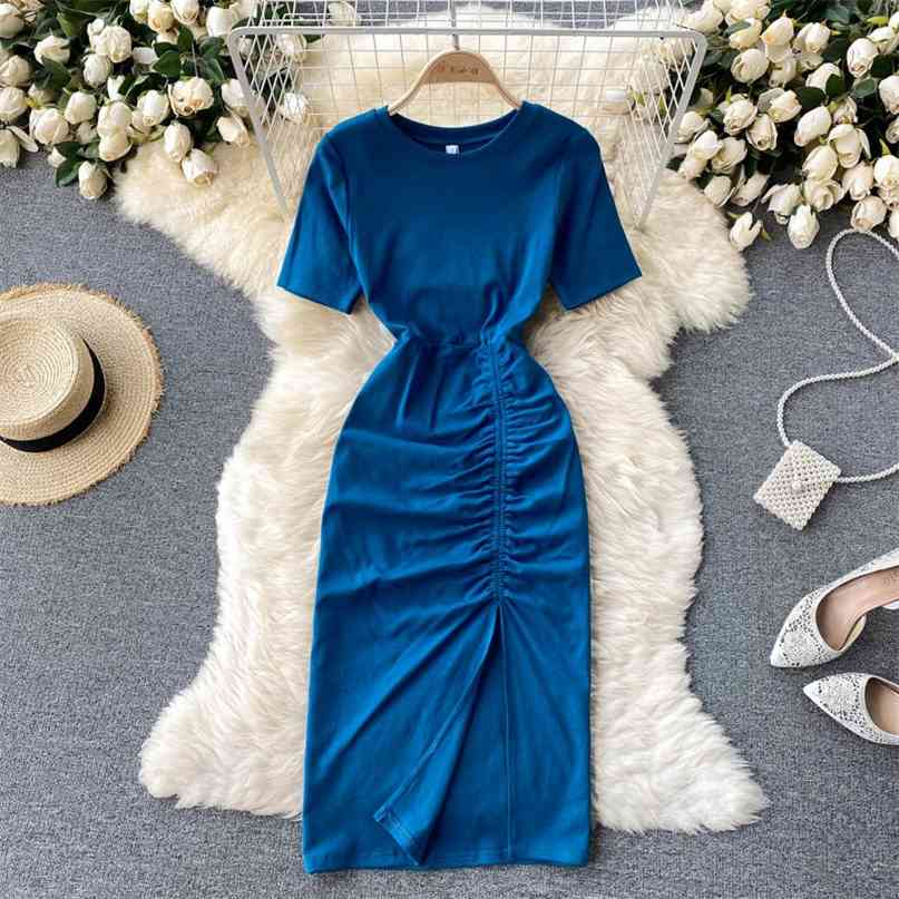 Short Sleeve Women' Summer Dress Round Collar Slim High Waist Ruched Split Midi Casual Female Party Robe 210603, Blue
Short Sleeve Women' Summer Dress Round Collar Slim High Waist Ruched Split Midi Casual Female Party Robe 210603, Blue