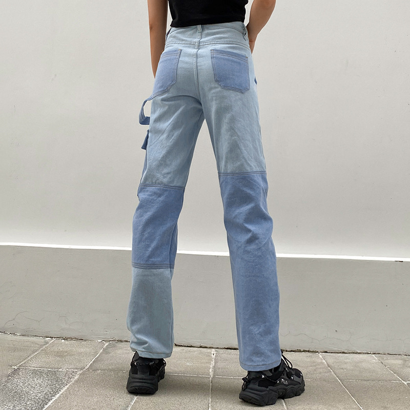 Patchwork Straight Leg Jeans Woman High Waist Denim Trousers Sexy Color Block Vintage Blue Brown Streetwear Pants 210524