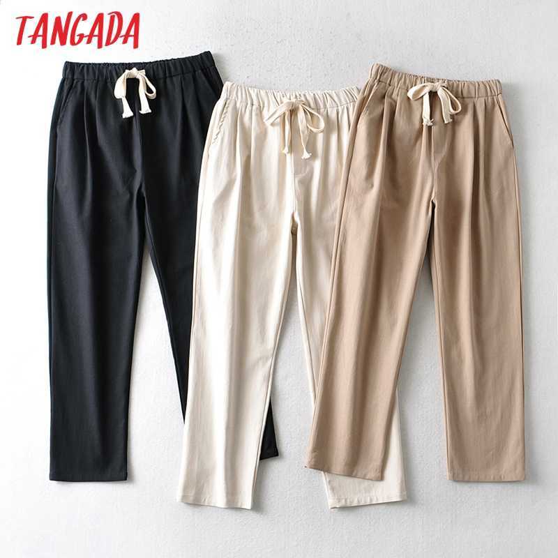 Tangada Fashion Women Cotton Linen Crop Pants Trousers Strethy Waist Pockets Female AI30 211115