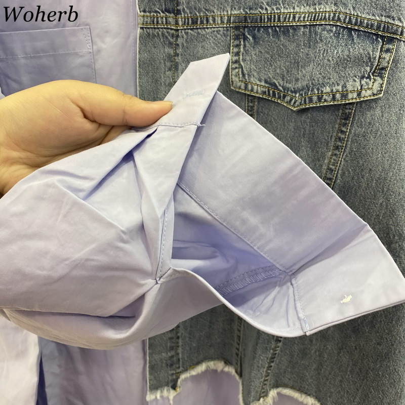 Color-blocked Denim Women Shirt Turn-down Collar Single-breasted All Match Tops Casual Fashion Asymmetrical Shirts 210519