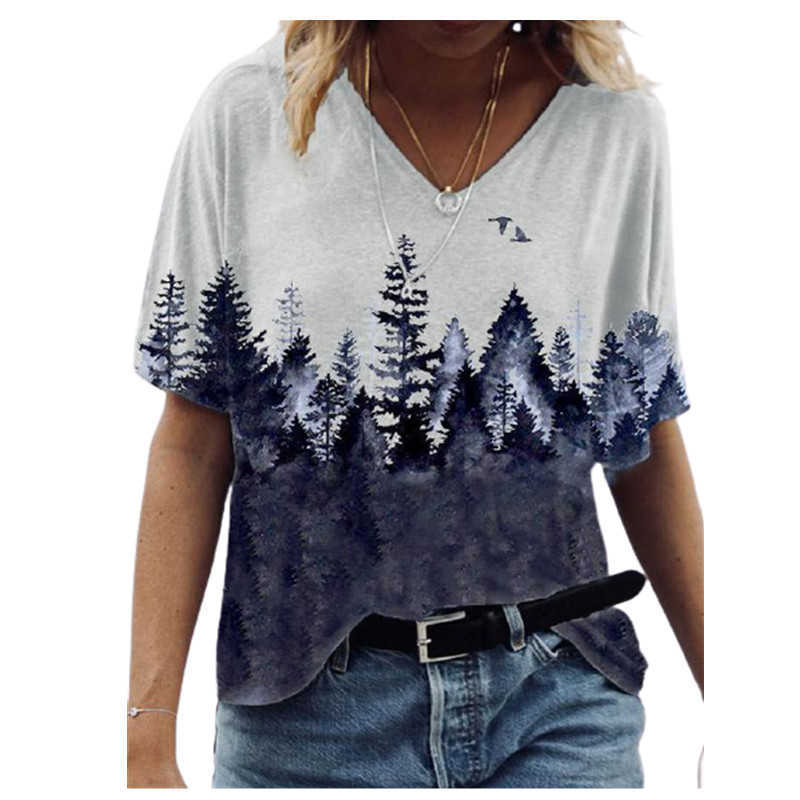 Oversize Women T Shirt Summer Casual Landscape Print Streetwear V-Neck Short Sleeve Pockets Loose Tee Tops Plus Size Ladies Tees 210526