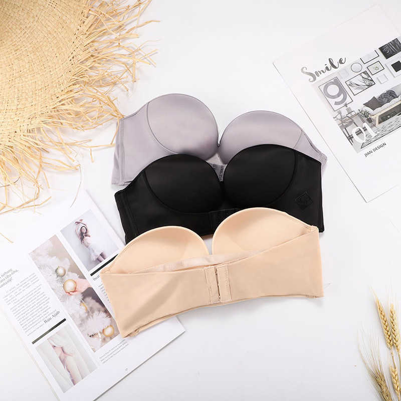 New strapless non-slip female underwear small chest thickened front three rows of buckles gathered invisible push up bra 201021