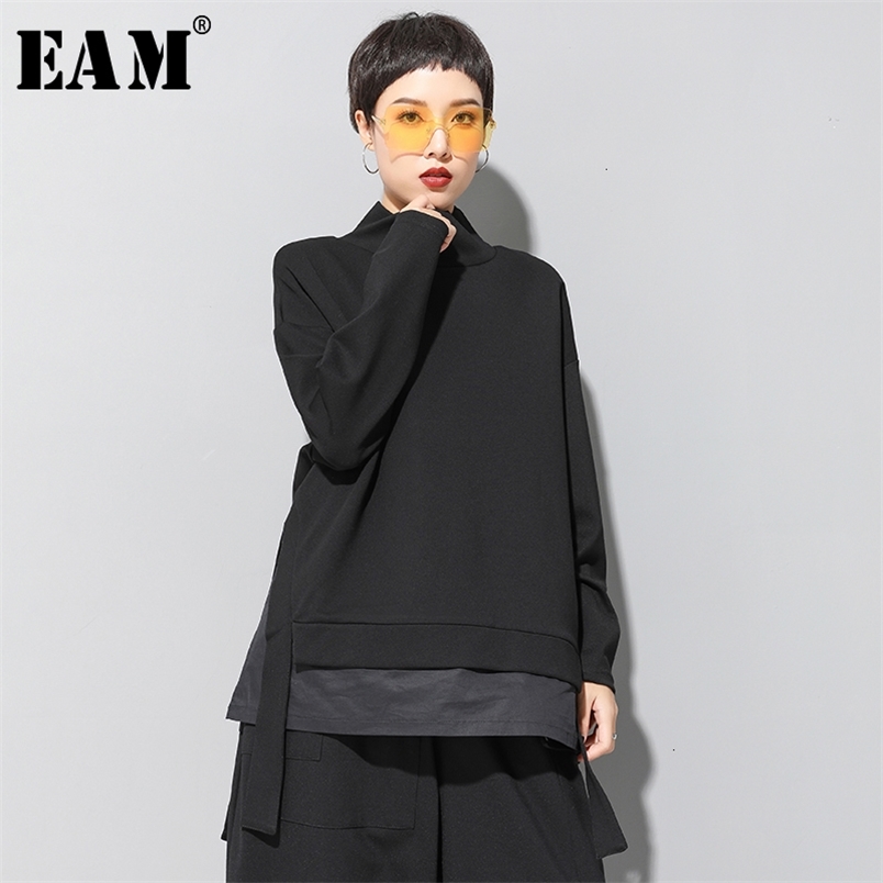[EAM] Loose Fit Asymmetrical Oversized Sweatshirt High Collar Long Sleeve Women Big Size Fashion Spring Autumn 19A-a124 210910