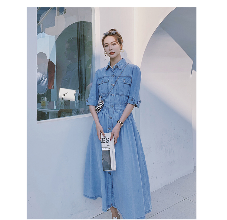 Korean Women Slim Denim Dress Fashion Short Sleeve Turn-Down Collar Single Breasted Elastic Waist Casual Long Female 210519