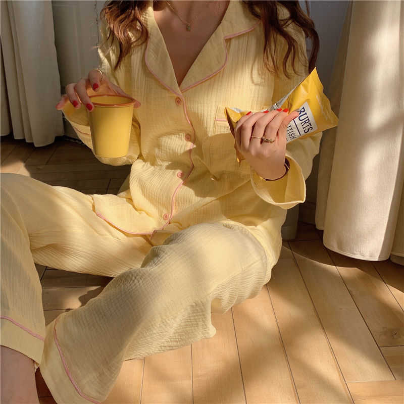 Home Suit Cotton Pajamas for Women Loungewear Long-sleeved Trousers Ladies Pajamas Suit Korean Style Long Pijamas Femme 210924