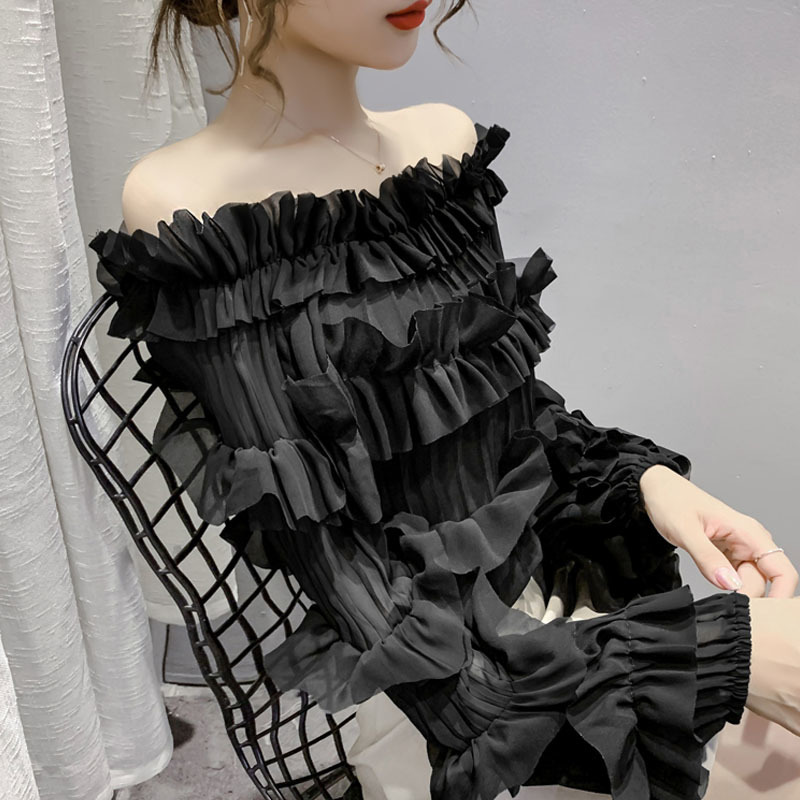 Kimutomo Ruffles Chiffon Blouse Spring Fashion Girls Slash Neck Off Shoulder Flare Sleeve Short Shirt Elegant Casual 210521