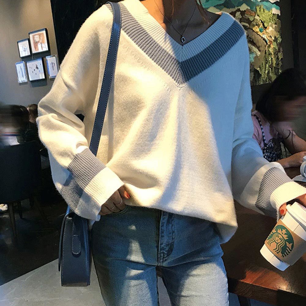 Autumn Winter Women's Sweaters Black White Pullover Korean Style Minimalist Casual Office Lady V Neck 210428