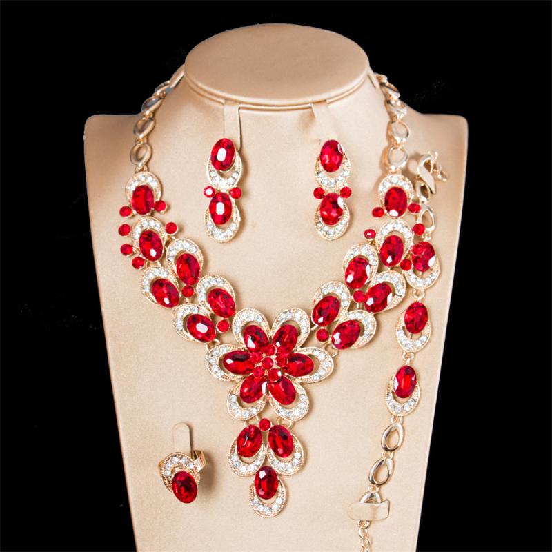 Earrings & Necklace Luxury Flowers Crystal Jewelry Sets Women's Bracelet Ring Set Bridal Costume Jewellery Gifts For Women, As pic