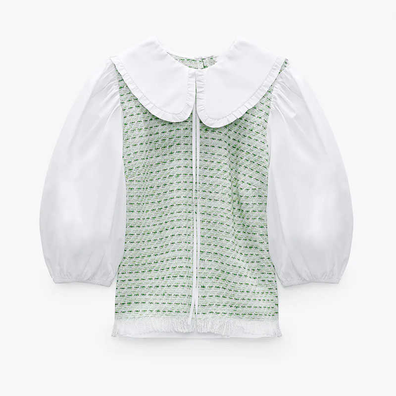 Za Spliced Textured Green Shirt Women Puff Sleeve Frayed Hem Vintage Summer Blouse Female Fashion Back Opening Casual Top 210602
Za Spliced Textured Green Shirt Women Puff Sleeve Frayed Hem Vintage Summer Blouse Female Fashion Back Opening Casual Top 210602