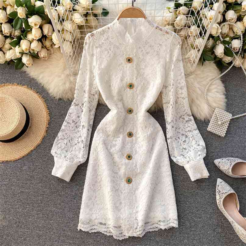 Elegant Lace Dress Sweet O-neck Puff Sleeve Hollow Out Buttons Decoration Korean Fashion Women Party 210603, Black
Elegant Lace Dress Sweet O-neck Puff Sleeve Hollow Out Buttons Decoration Korean Fashion Women Party 210603, Black