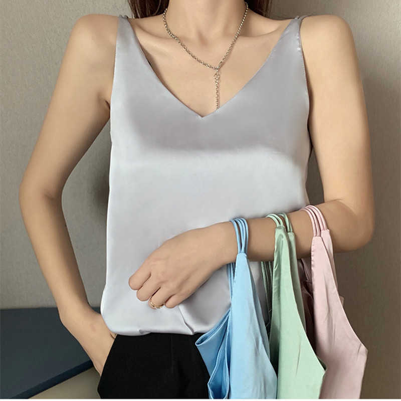 Women Fashion Silk Camis Women Satin Tops Woman Sleeveless Tank Tops Woman Satin V-neck Vest Plus Size Female Top White Clothing 210625