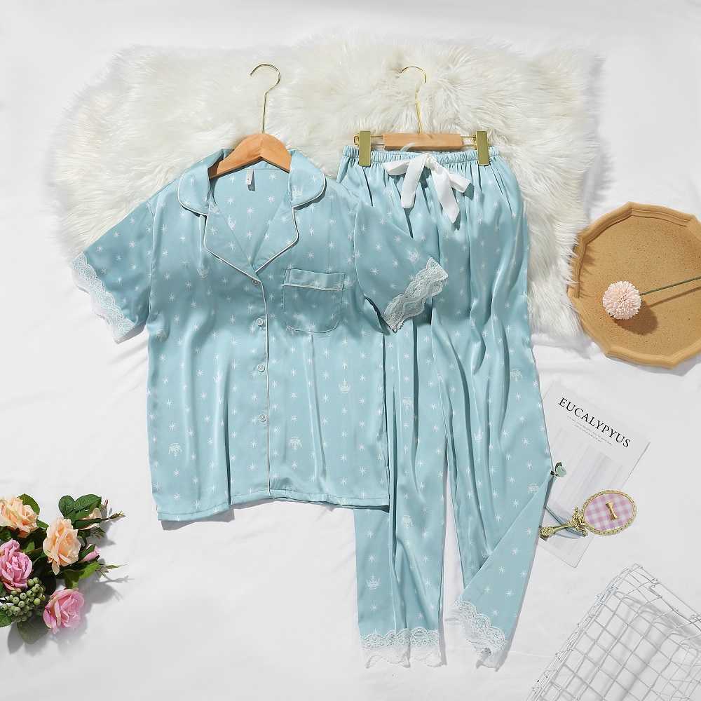Lisacmvpnel Srping Crown Print Women Pyjamas Lace Sweet Short Sleeve Suit Pajamas Summer Satin Chiffon Soft Touch Sleepwear 210924