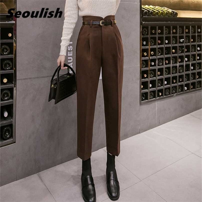 Woolen Formal Women's Harem Pants with Belt Autumn Winter High Waist Office Lady Elegant Ankle-Length Trousers Pocket 211115
