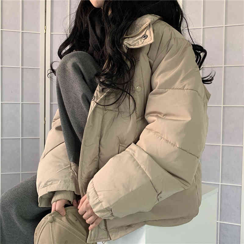 Winter Coat Women OL Formal Loose Solid Stand Collar Thicken Warm Casual Padded Jacket Outwear Parkas 210421