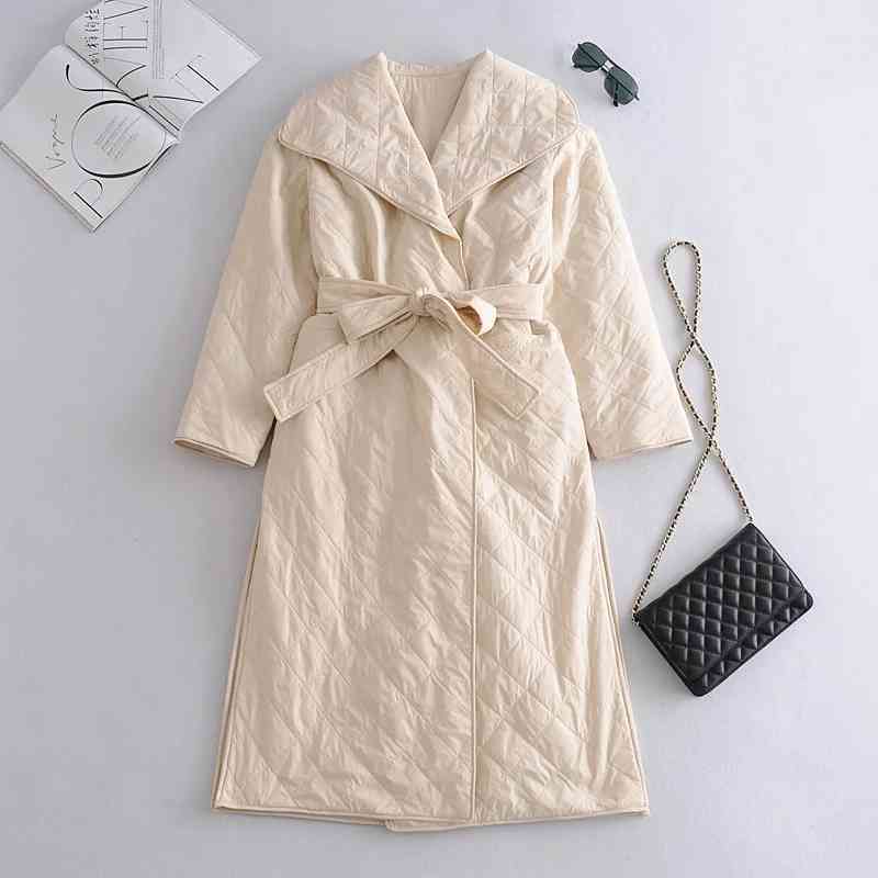 Simple And Elegant Temperament Large Lapel Diamond Lattice Mid-Length Bow Tie Belt French Bathrobe Cotton Coat Winter Jacke 210521