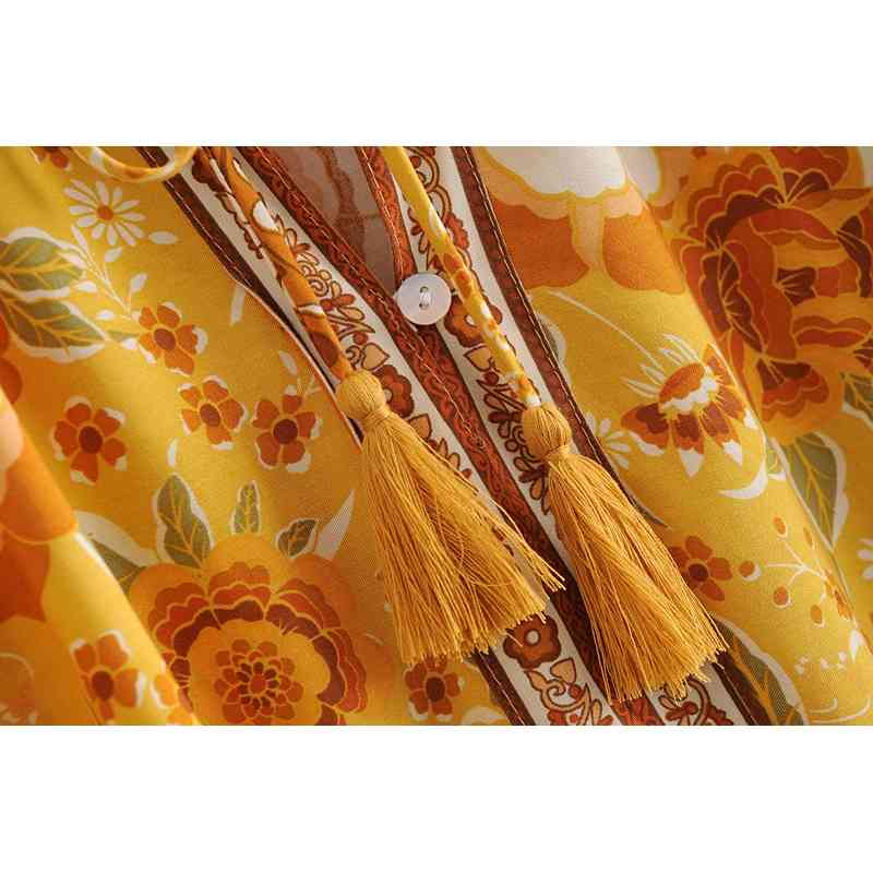 Bohemia Bandage Lacing up V Neck Floral Print Long Sleeve BOHO Dress Hippie Women Loose Straight Short Dresses Holiday Gold 210429