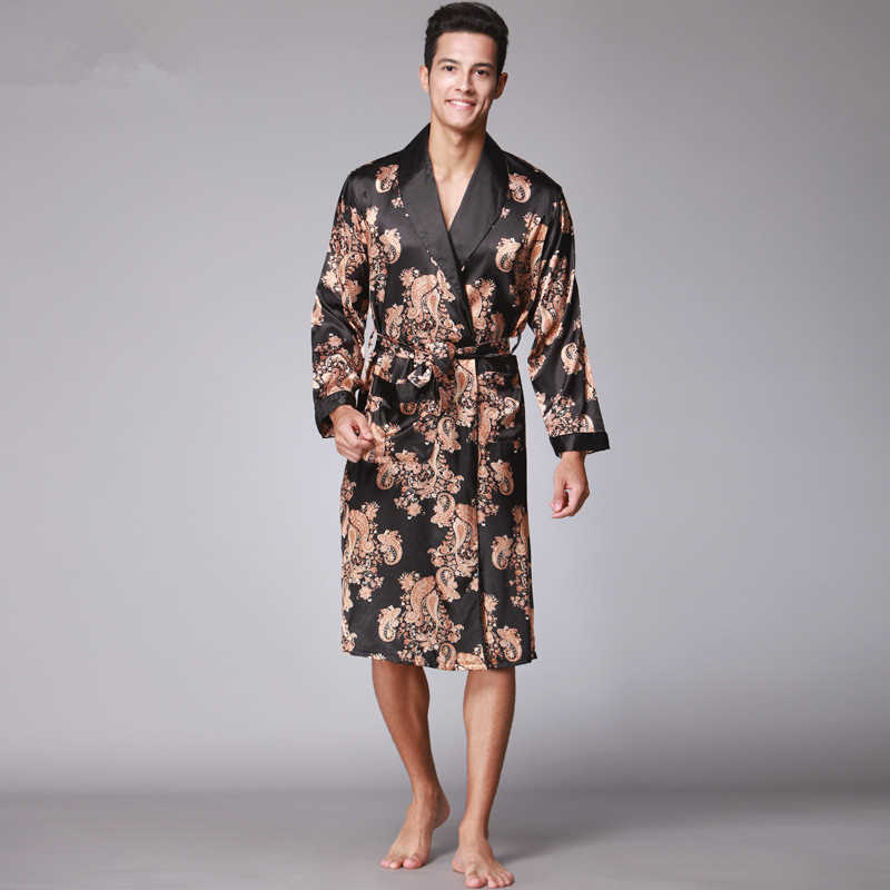 Mens Summer Paisley Print Silk Robes Male Senior Satin Sleepwear Satin Pajamas Long kimono Dressing Gown Bathrobe For Men T200110
