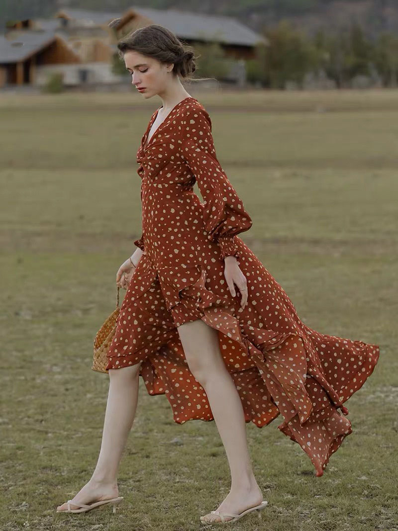 vintage red polka dot printed v-neck hollow out asymmetrical ruffles maxi dress women lady holiday party Female Clothing 210421