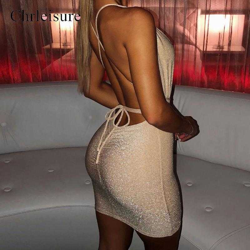 Sexy Backless Glitter Dres Deep V Bodycon Mini Dresses Summer Night Club Party dress 210623